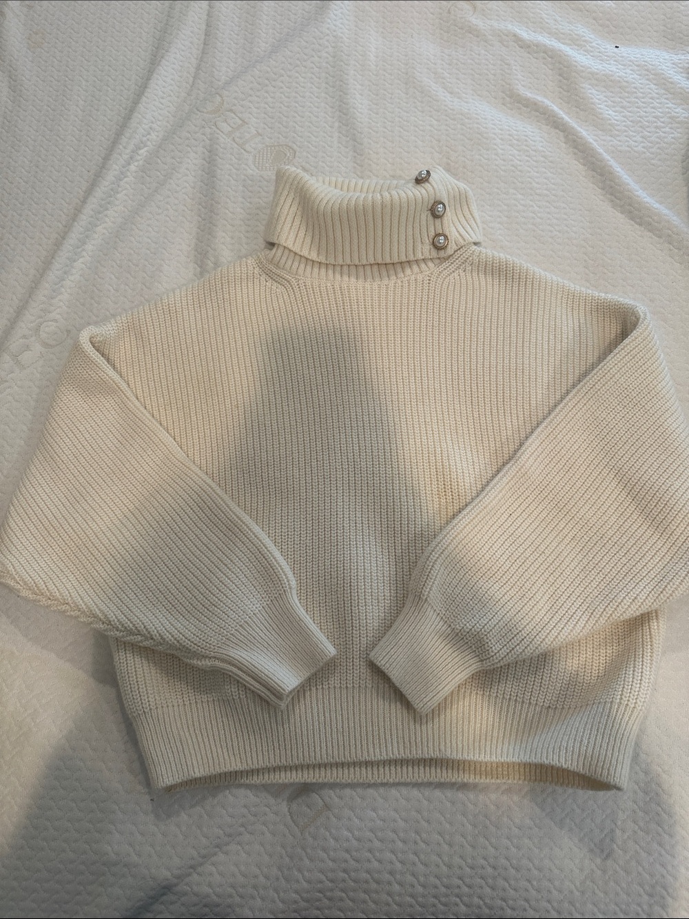 H&M Cream Ribbed Turtleneck Sweater with Button Detail